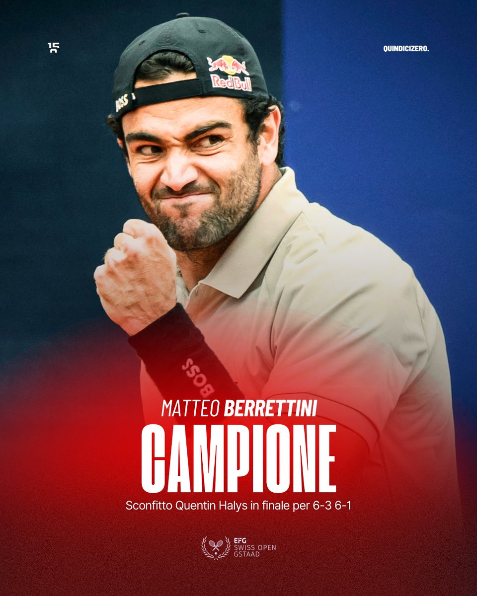 MATTEO BERRETTINI TRIONFA A GSTAAD! 🇮🇹🏆

Con una prestazione PERFETTA, l'azzurro vince il suo nono titolo in carriera e il secondo in stagione dopo Marrakech.

Questa vittoria lo proietta nuovamente nella top 50 del tennis mondiale.

Settimana fantastica!