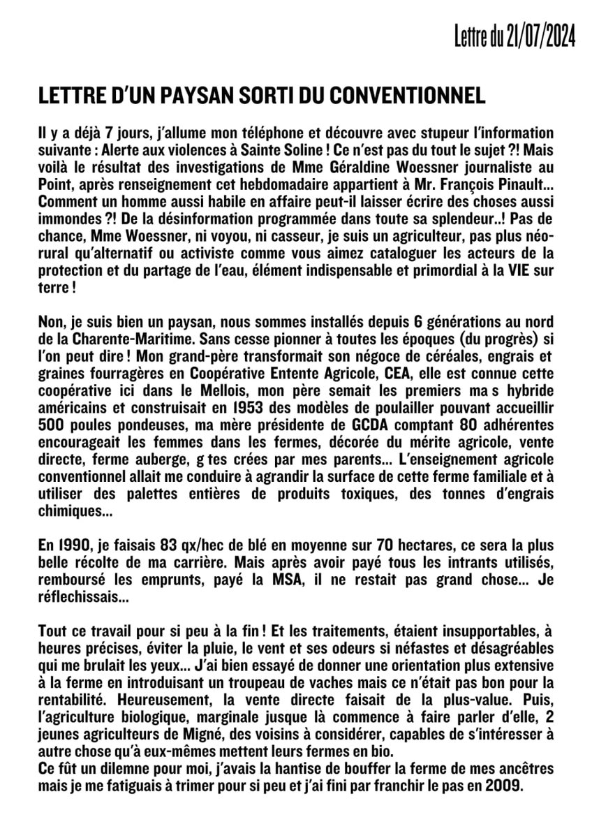 BassinesNon's tweet photo. 🖋👇 Lettre d'un paysan de Charente-Maritime contre les bassines, présent sur le blocage du port de La Pallice.

"Sortir du conventionnel fut un dilemme pour moi, j'ai fini par franchir le pas en 2009.
C'est la meilleure chose que j'ai pu faire"

Voici son témoignage complet https://t.co/7r0be28wsL