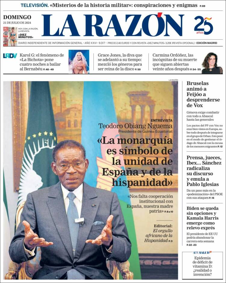 La Razón hace una entrevista amable y servil a Obiang, dictador de Guinea Ecuatorial desde hace 45 años, y lo vende en portada como gran logro. Sin atreverse a hacer preguntas sobre derechos humanos. es.kiosko.net/es/2024-07-21/…