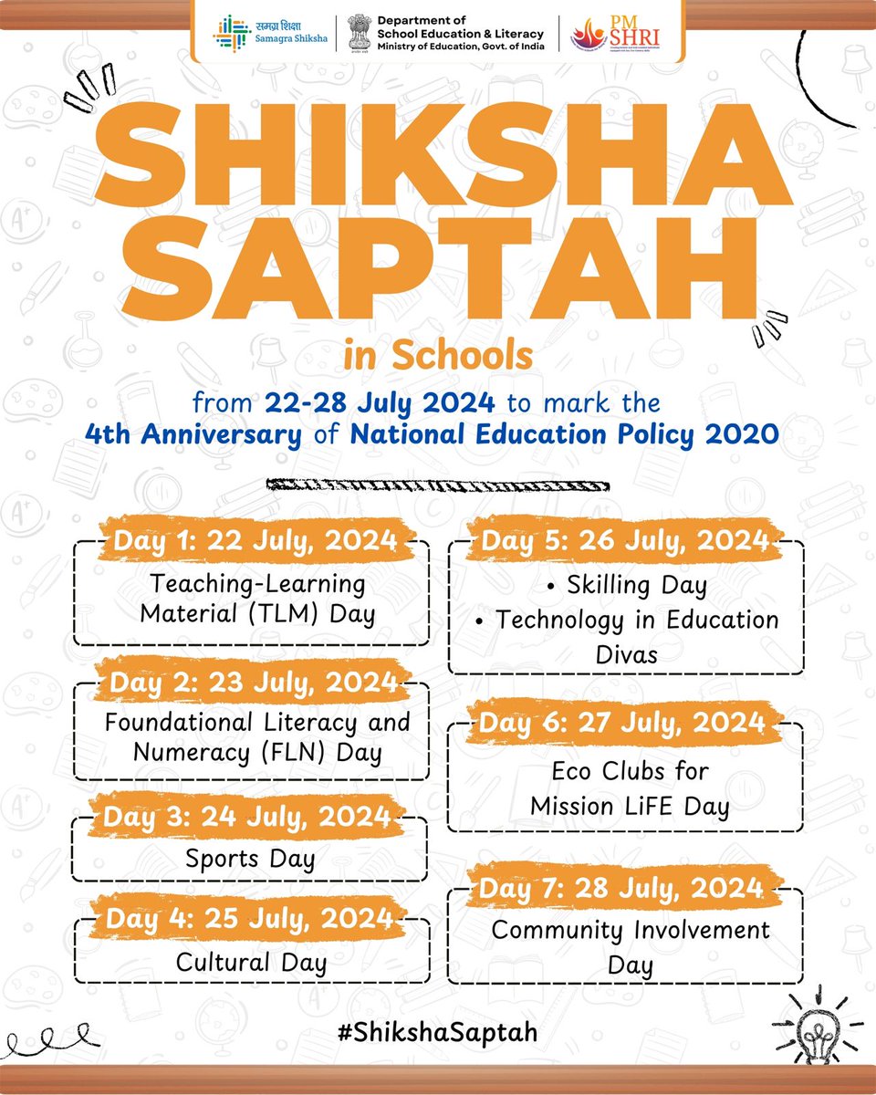 The Department of School Education &amp; Literacy is set to observe Shiksha Saptah from 22-28 July 2024. The aim is to promote collaboration and the impactful educational reforms introduced by NEP 2020 among students, educators, and stakeholders. This dedicated week seeks to empower
