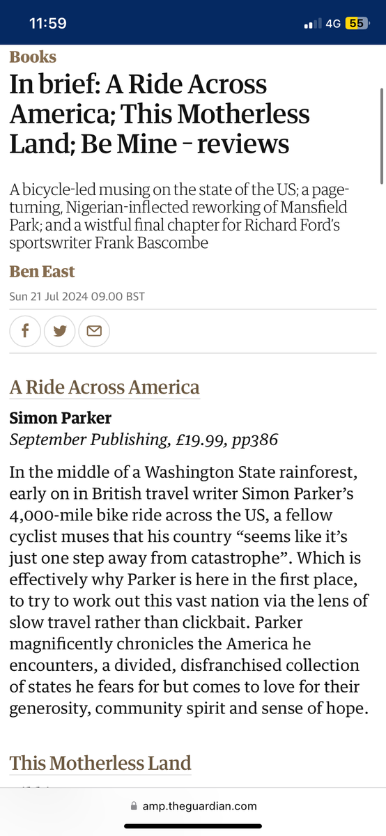 Simon Parker (@simonwiparker) on Twitter photo 😍😍😍😍😍
A Ride Across America - reviewed in The <a href="/guardian/">The Guardian</a> ...
"Parker magnificently chronicles the America he encounters, a divided, disfranchised collection of states he fears for but comes to love for their generosity, community spirit and sense of hope." 😍😍😍😍😍
A Ride Across America - reviewed in The <a href="/guardian/">The Guardian</a> ...
"Parker magnificently chronicles the America he encounters, a divided, disfranchised collection of states he fears for but comes to love for their generosity, community spirit and sense of hope."