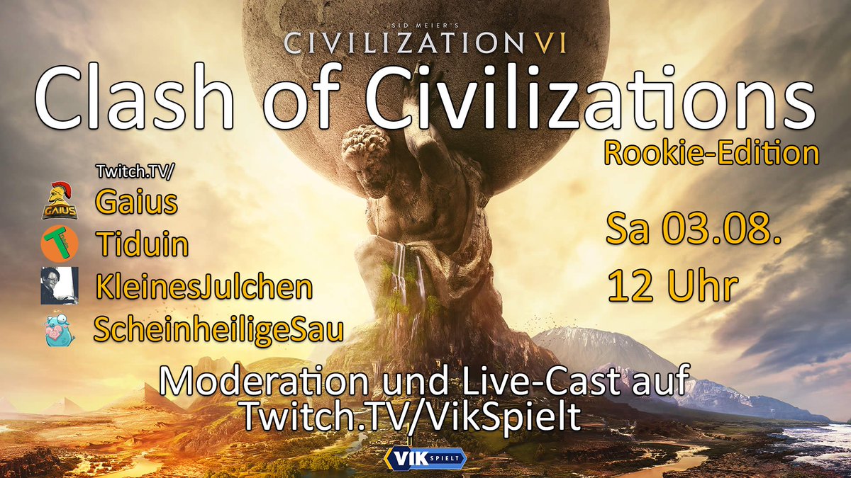 Achtung, Special-Event incoming!
Ich richte zum ersten Mal Clash of Civilizations aus - in der Rookie-Edition. Darin wetteifern <a href="/GaiusJCaesar_/">Gaius Julius Caesar</a> <a href="/tiduin/">Tiduin</a> <a href="/kleinesJulchen_/">kleinesJulchen</a> &amp; <a href="/Scheinheil/">Schobi</a> um verschiedene Meilensteine. Freu mich mega drauf!
#civ6 #twitchde