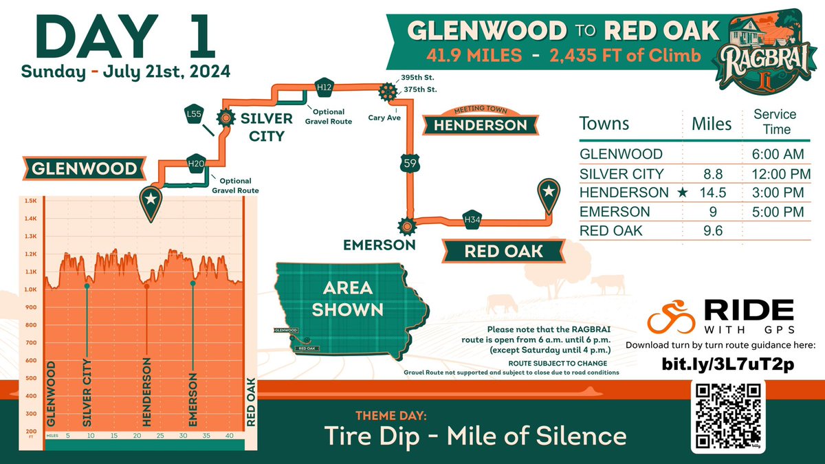 Many thanks to our Glenwood hosts, Jack Groves, Montana Crow, and Montana’s dad Tim. The cool evening on their porch was a delightful kickoff to our Iowa adventure. Here’s today’s cycling route.