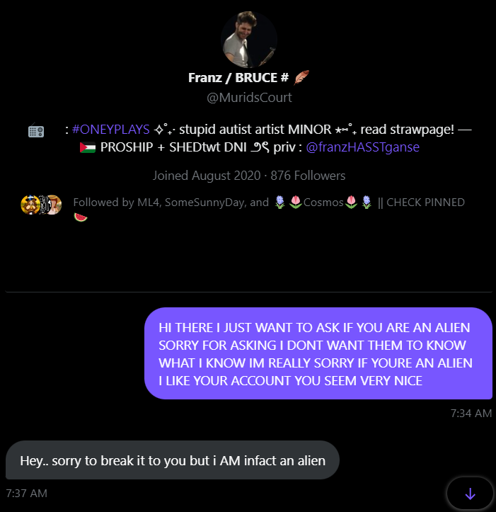 EXPERTONALIENS's tweet photo. EVERYONE!!! I HAVE WORD THAT @MuridsCourt IS AN ALIEN!! FROM THEIR OWN MOUTH!! https://t.co/MzZZiq3NBP