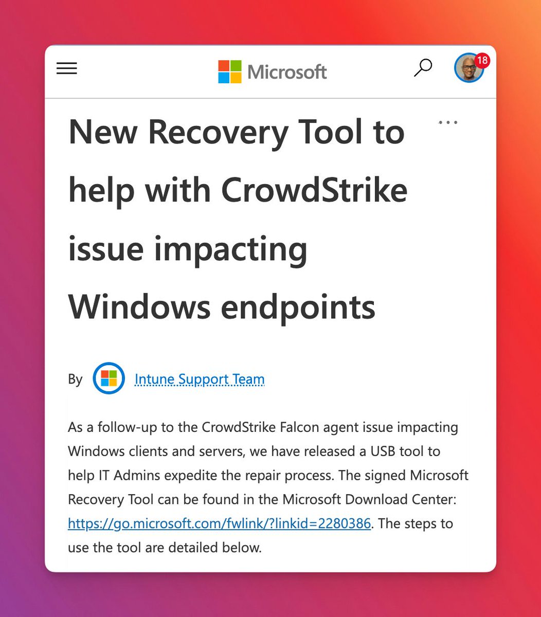 GOVCERT_CZ's tweet image. Microsoft vydal nástroj, který zjednodušuje opravu počítačů postižených chybou BSOD způsobenou EDR Falcon od CrowdStrike.
Jedná se o obraz USB disku, který po nabootování provede automaticky potřebné kroky pro odstranění problému.