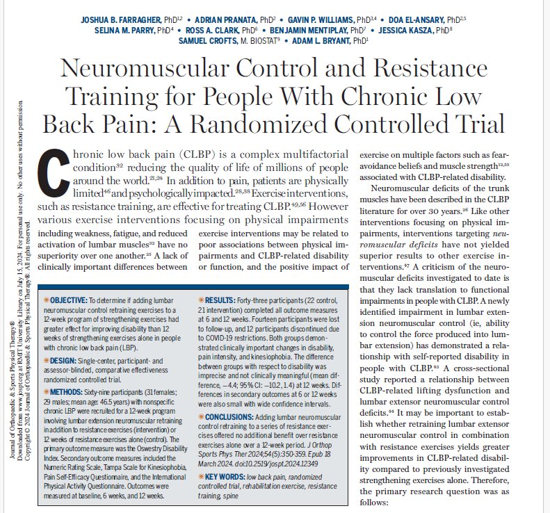Excited to share RMIT Health   'team physio' RCT study in JOSPT! Findings show exercise rehabilitation resulted in meaningful changes to kinesiophobia, but not neuromuscular or biomechanical outcomes. Key insights for rehab professionals to refine treatment approaches!