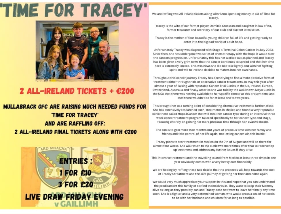 Please take time to read and share. All proceeds will go to #TimeForTracey 

<a href="/ArmaghFans1889/">Armagh Fans 🟠⚪️</a> <a href="/Armagh_GAA/">Armagh_GAA</a> <a href="/ArmaghLGFA/">ArmaghLGFA</a>
<a href="/Ballymacnab_GAA/">Ballymacnab GAA</a>
<a href="/cladygfc/">cladygfc</a>
<a href="/whitecrossgac/">Whitecross GAC</a>
<a href="/LissummonGFC/">Lissummon GFC</a>
<a href="/shaneoneillsgfc/">Shane O'Neill's</a>
<a href="/RedmondOHGAC/">Redmond O'Hanlon's GAC</a>
<a href="/GranemoreGFC/">Granemore GFC</a>
<a href="/ArmaghHarpsGFC/">Armagh Harps GFC</a>
<a href="/PearseOgArmagh/">Pearse Og</a>

klubfunder.com/Clubs/O_Donava…