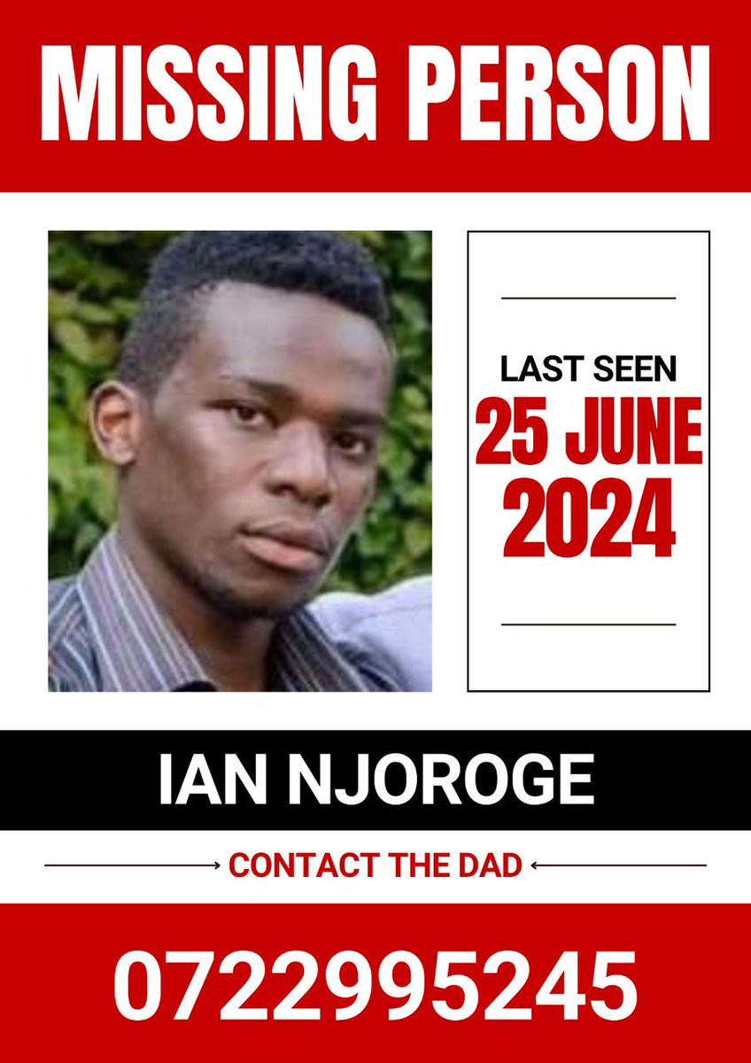 itsMJ_Ke's tweet photo. WHERE ARE THEY?😞

Here is a THREAD of some of the missing people. Please let's amplify

1. Ian Njoroge - 25th June 
2. Emmanuel Kamau Mukuria - 25th June 
3. Missing 25th June https://t.co/d8T73ifWdP