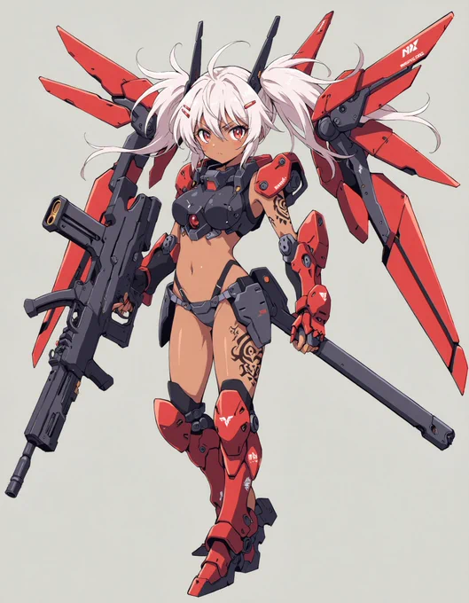メカガールコーデックス用のイラストを作る練習。ちょっと変だけどちゃんと武器持ってる感じにしてくれるからすごいねXL。