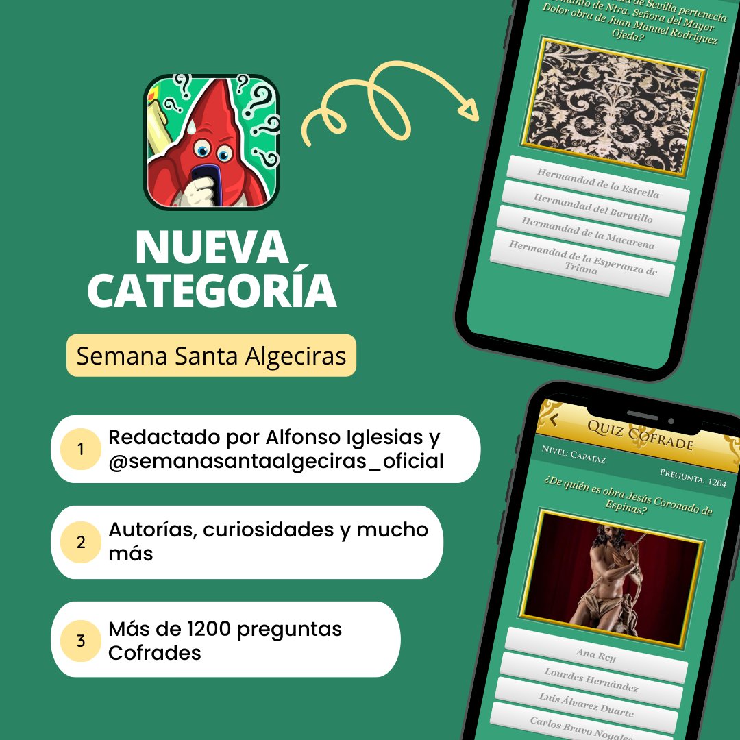 QuizCofrade's tweet photo. 👋 Actualización de #QuizCofrade

⛪️ Nueva categoría sobre la Semana Santa de Algeciras redactada por Alfonso Iglesias

🤔 Autorías, curiosidades y mucho más 

❓️ Más de 1200 preguntas sobre la SSanta

💡 ¿Tienes una sugerencia? !No dudes en escribirnos!

#TDSCofrade https://t.co/eZMLdmZIm1