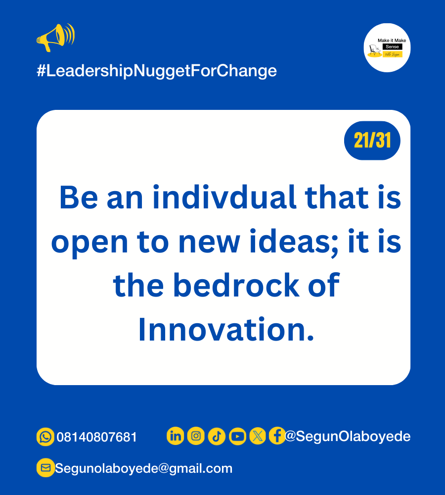 SegunOlaboyede's tweet photo. "To be an effective Leader, you must develop a growth mindset that is open to new ideas"
#JulyLeadershipCampaign
#LeadershipNuggetForChange
#AbetterNigeriaIsPossible
#ChangeBeginsWithMe
#MakeItMakeSense
#MakeMakeSenseWithSegun. https://t.co/ys3mgd1U4M