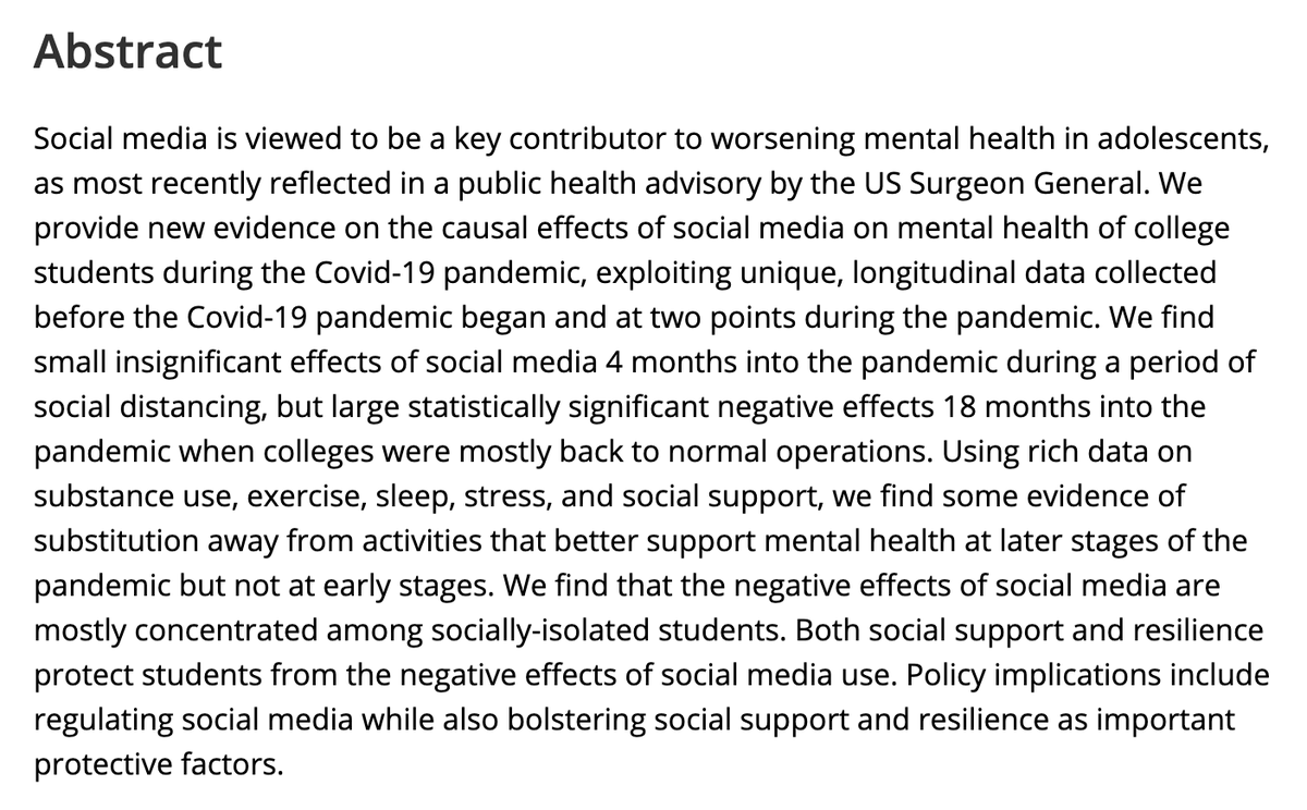 JonHaidt's tweet photo. It is often said that social media was a "lifeline" for young people during Covid. The internet, sure, but social media? A new longitudinal study finds that college students who used this "lifeline" more became MORE depressed, subsequently:
https://t.co/p90dzsiNjW https://t.co/f3nadDm1Qf