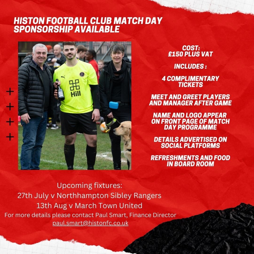 <a href="/HistonFC/">Histon Football Club</a> have Match Day sponsorships available!

A warm welcome awaits at the Bridge Road stadium, come and promote your business to the local community!

#stutes
🔴🌑🔴

Thank you <a href="/MOR_UKproducts/">MOR</a> for last season