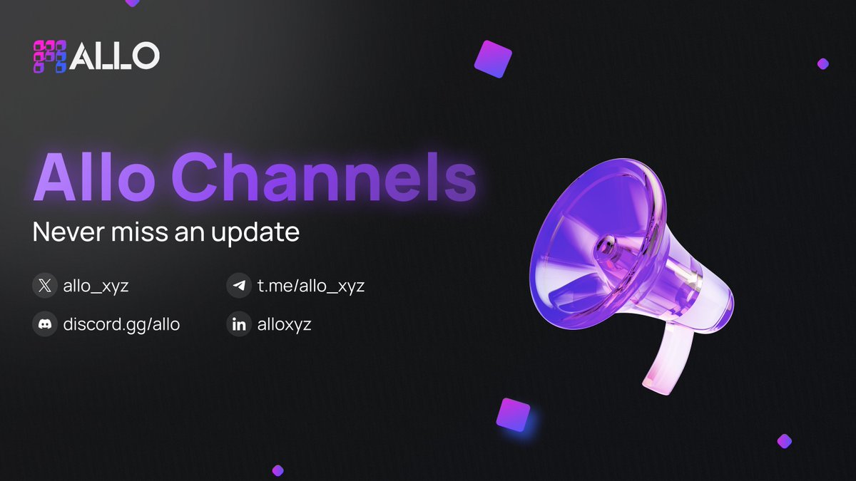 Never miss an update on new features, strategic partnerships, and key milestones.  

Twitter - x.com/allo_xyz
Telegram - t.me/allo_xyz
Discord - discord.gg/allo
LinkedIn - linkedin.com/company/alloxyz