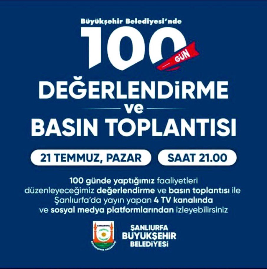 Şanlıurfa Büyükşehir Belediye Başkanımız Mehmet Kasım Gülpınar, Büyükşehir Belediyesi’nin 100 günlük faaliyetleri hakkında değerlendirme ve basın açıklamasında bulunacak.

📺 Yayınımızı Şanlıurfa'da yayın yapan 4 TV kanalında ve sosyal medya platformlarında izleyebilirsiniz!