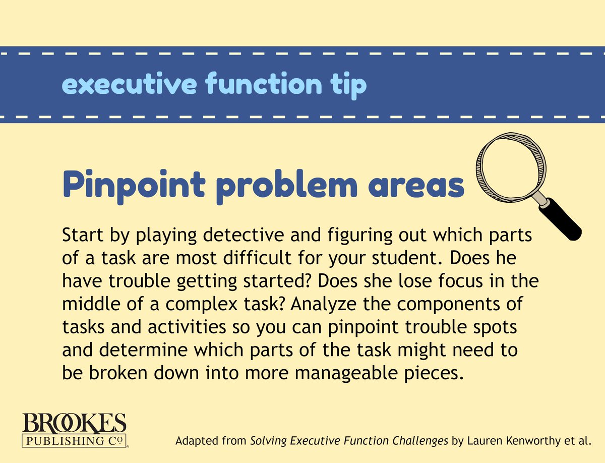 BrookesPubCo's tweet image. To help students with #ExecutiveFunction challenges, start by pinpointing problem areas. (Get more tips for breaking down tasks here: ecs.page.link/uKLnj) #ExecutiveFunctionSkills #ADHD #ADHDSupport