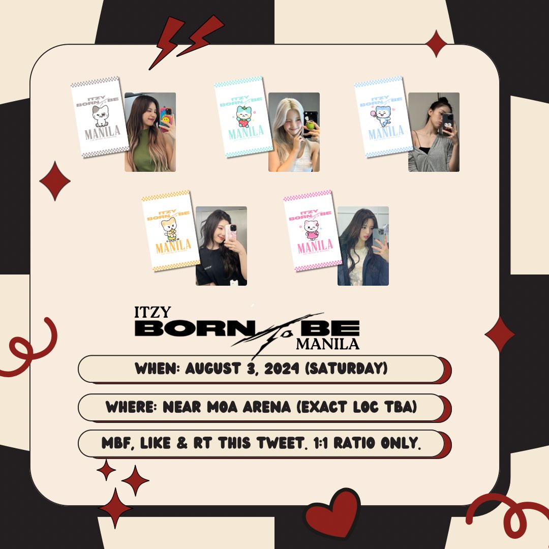 nicoletteprio's tweet image. 🖇️ itzy born to be in manila ✨

hello midzys! i’ll be giving away hand banners and random photocards on d-day :)

please see photo for more details! see you! :)

🍒 chlang (@RYEJIPNG) ❤️‍🔥
#ITZY_2ND_WORLD_TOUR 
#ITZY #ITZYinManila
#ITZY_BORNTOBE_MANILA ✨