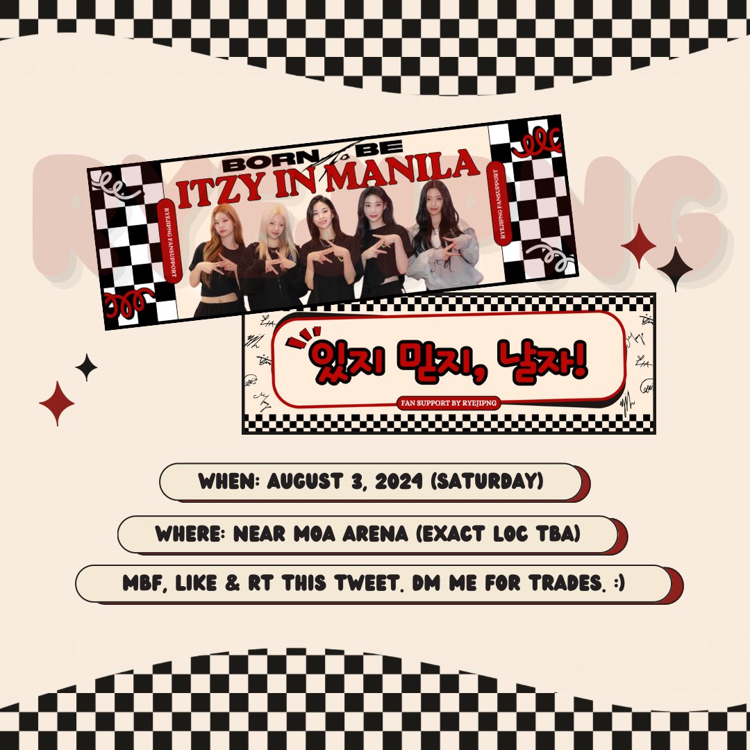 nicoletteprio's tweet image. 🖇️ itzy born to be in manila ✨

hello midzys! i’ll be giving away hand banners and random photocards on d-day :)

please see photo for more details! see you! :)

🍒 chlang (@RYEJIPNG) ❤️‍🔥
#ITZY_2ND_WORLD_TOUR 
#ITZY #ITZYinManila
#ITZY_BORNTOBE_MANILA ✨