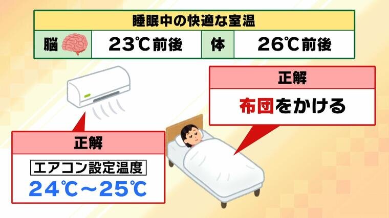 livedoornews's tweet photo. 【快眠の秘訣】寝るときのエアコン「温度」と「タイマー」の正解は？
https://t.co/upcddUkWWY

睡眠中の快適な室温は脳と体で違い、脳が23℃前後、体は26℃前後。そのため、エアコンの設定温度は、間の24～25℃がよいそう。また、エアコンのタイマーは「朝までつけっぱなし」がよいという。 https://t.co/3G7wKGnRJz