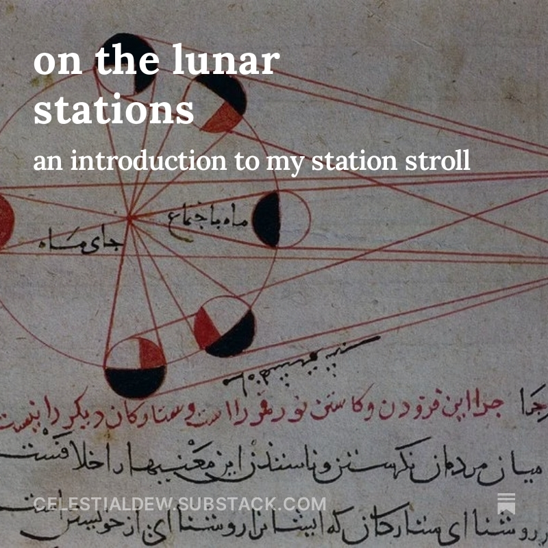 i dropped my first essay (of many) on the lunar stations 💛

i'm excited to introduce a project i spent last year working on: 

gathering gnosis on the 28 stations by ritually invoking each of their spirits and taking notes on our interaction

i'm calling it a station stroll