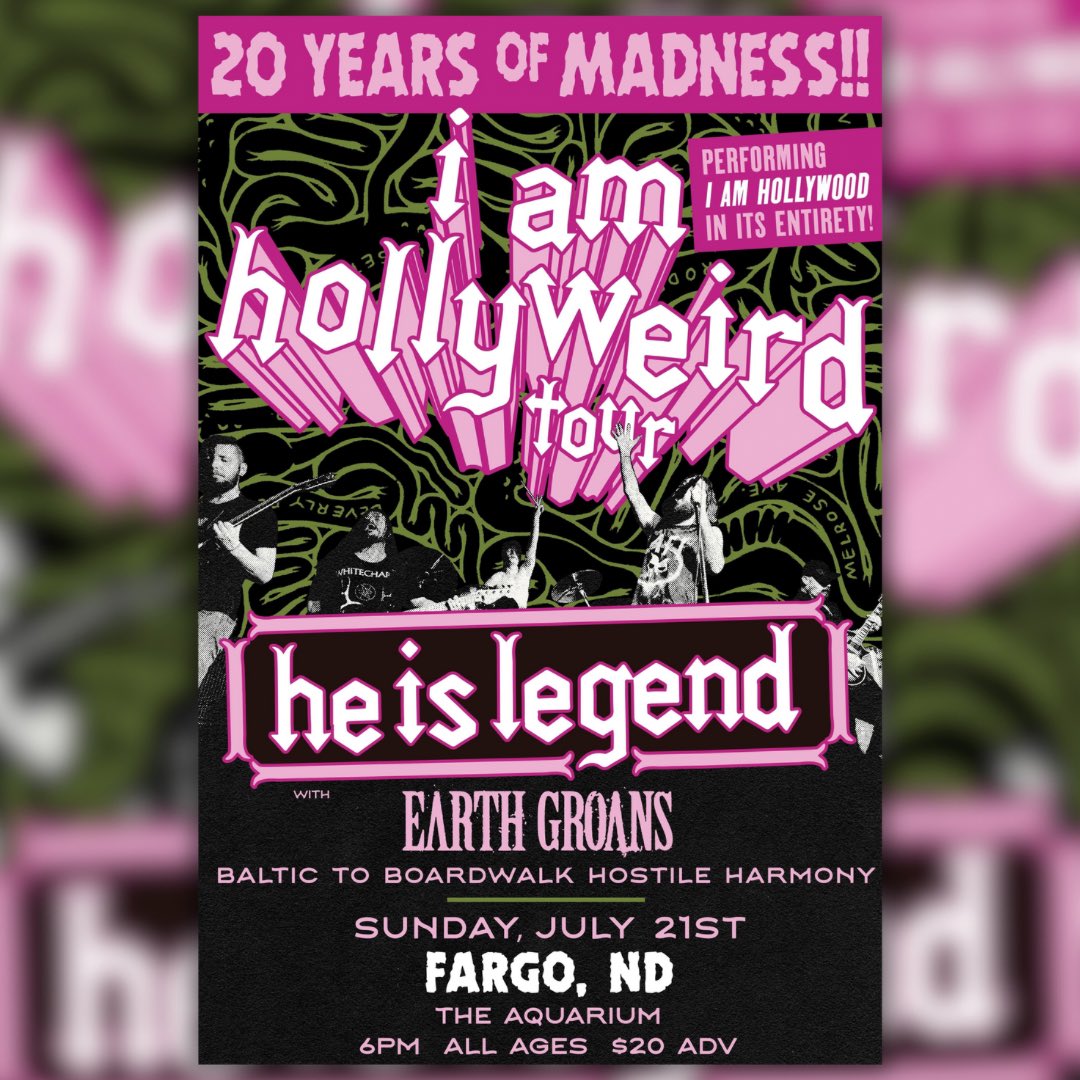 TONIGHT! We back in Fargo for the first time of 2024. Let’s show em how we do it with He Is Legend, Earth Groans, &amp; Hostile Harmony!

STACKED show!
6pm Doors \\ 6:30 Music \\ ALL AGES

📸 Amanda Frost