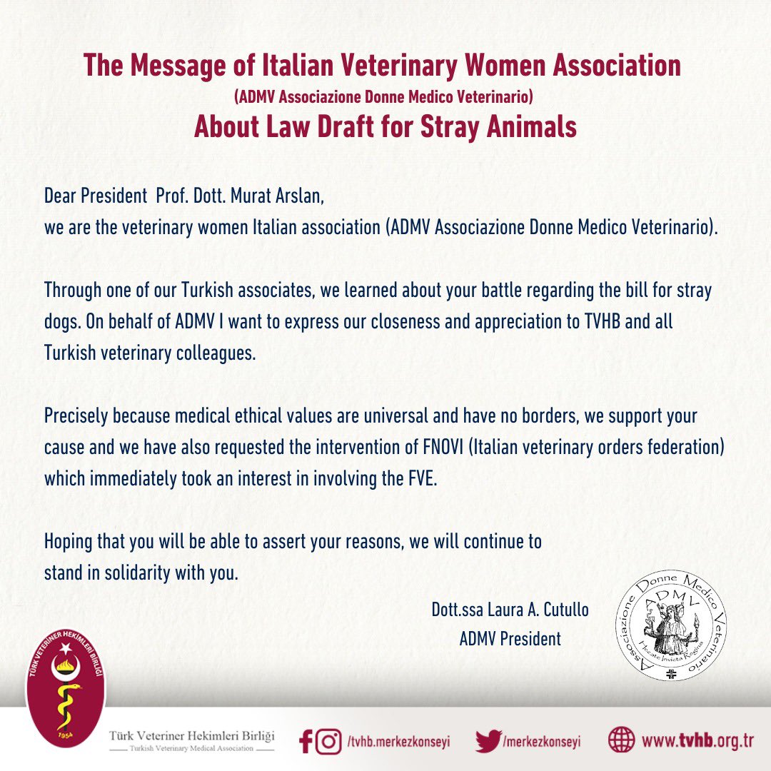 İtalya Kadın Veteriner Hekimler Derneği’nin mesajını meslektaşlarımız ve kamuoyu ile paylaşıyoruz

İtalya Kadın Veteriner Hekimler Derneği’ne destekleri için teşekkür eder, evrensel hekimlik değerleri ve veteriner hekimlik etiği çerçevesindeki bu dayanışmanın bize büyük güç
