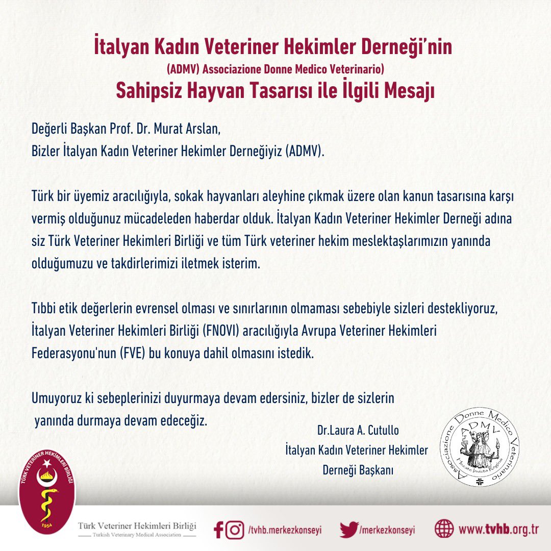 merkezkonseyi's tweet photo. İtalya Kadın Veteriner Hekimler Derneği’nin mesajını meslektaşlarımız ve kamuoyu ile paylaşıyoruz

İtalya Kadın Veteriner Hekimler Derneği’ne destekleri için teşekkür eder, evrensel hekimlik değerleri ve veteriner hekimlik etiği çerçevesindeki bu dayanışmanın bize büyük güç verdiğini bildirmek isteriz.
**********
We are sharing solidarity message of Italian Veterinary Women  Association (ADMV) with all of our colleagues and our public.

Many thanks to Italian Veterinary Women Association (ADMV) for supporting us, because of universal medical ethical values and with this context,we may say that solidarity  empowers us.
**********
Condividiamo il messaggio dell'Associazione Donne Medico Veterinario Italiana con tutti i nostri colleghi e pubblico .

Grazie mille all'Associazione Donne Medico Veterinario per il loro supporto, i valori etica medica essendo universali, questa solidarietà ci rafforza di più.

#VeterinerHekim
#DoctorofVeterinaryMedicine
#MedicoVeterinario 
#YasayıGeriÇek