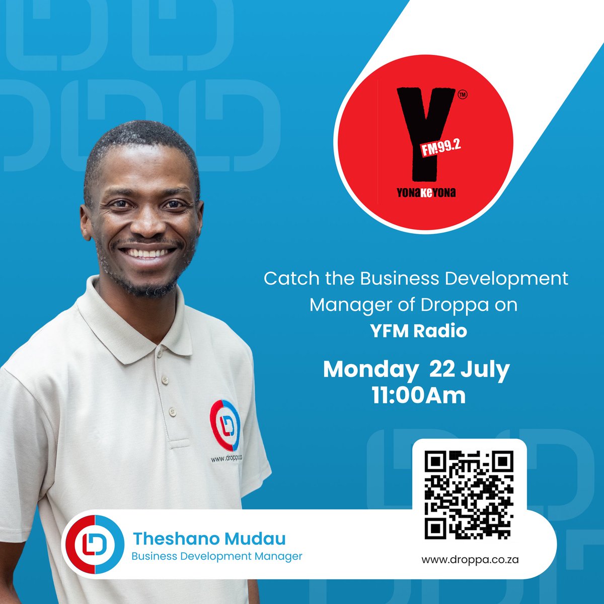 DroppaZA's tweet photo. Catch the Droppa Business Development Manager, Mr Theshano Mudau on YFM tomorrow morning at 11:00 am.

 #Getitmovedwithdroppa #Getitdeliverednow #DROPPA https://t.co/FPVgXDArmt