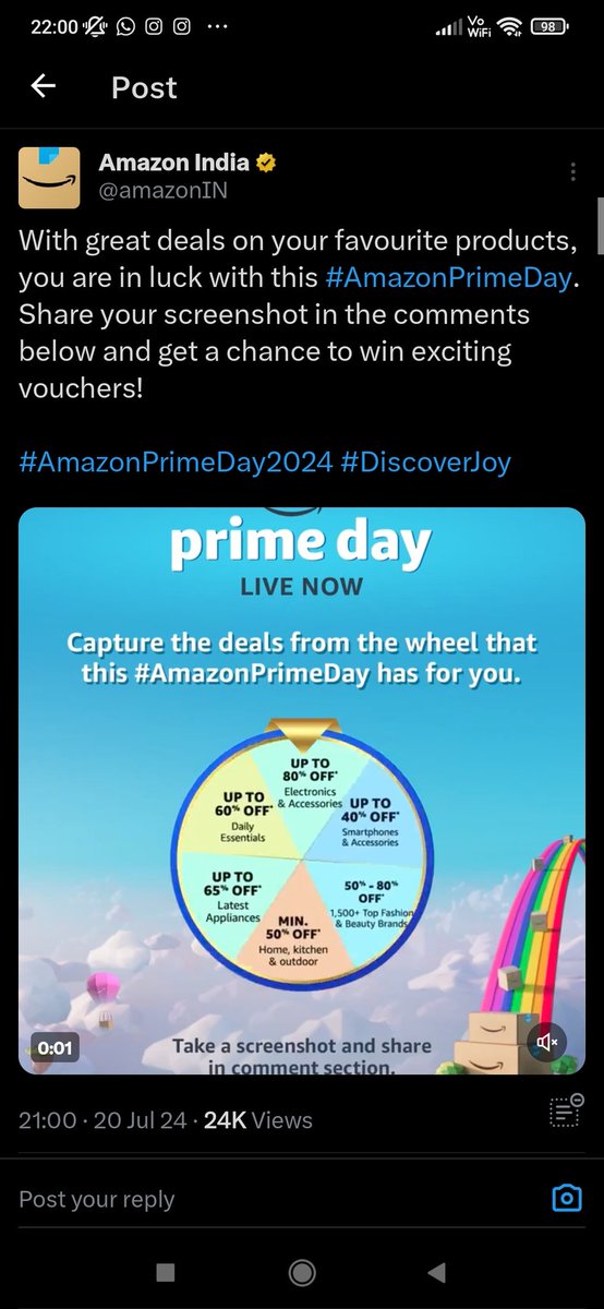 <a href="/amazonIN/">Amazon India</a> 💥💯 Captured this Amazing deal ⚡⚡

<a href="/amazonIN/">Amazon India</a>
#AmazonPrimeDay #AmazonPrimeDayDealsWheel 
#AmazonPrimeDay2024 #DiscoverJoy
