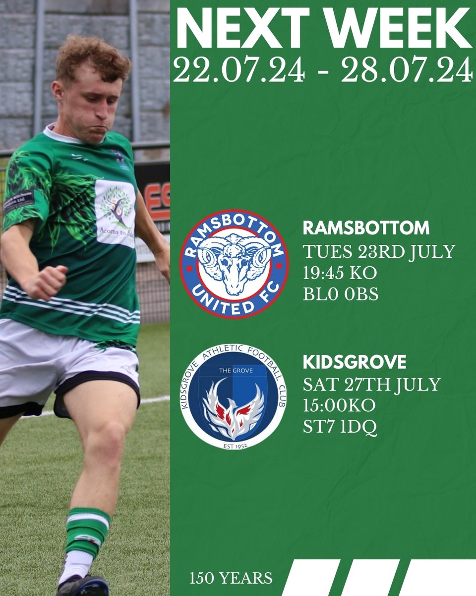 Northwich Victoria F.C (@northwichvicsfc) on Twitter photo ππππ ππππ ππ πππ ππππ
22.07.24 - 27.07.24
We finish our pre-season next week with two final friendlies before we kick the season off in the FA Cup.
π
23.07.24
β° 19:45 KO
π <a href="/RamsbottomUtd/">Ramsbottom United</a>
π BL0 0BS
π
27.07.24
β° 15:00 KO
π <a href="/OfficialKAFC/">Kidsgrove Athletic FC</a>
π ST7 1DQ ππππ ππππ ππ πππ ππππ
22.07.24 - 27.07.24
We finish our pre-season next week with two final friendlies before we kick the season off in the FA Cup.
π
23.07.24
β° 19:45 KO
π <a href="/RamsbottomUtd/">Ramsbottom United</a>
π BL0 0BS
π
27.07.24
β° 15:00 KO
π <a href="/OfficialKAFC/">Kidsgrove Athletic FC</a>
π ST7 1DQ