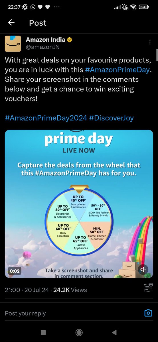 <a href="/amazonIN/">Amazon India</a> Captured my favourite deal 😍👌❤️

<a href="/amazonIN/">Amazon India</a>
#AmazonPrimeDay #AmazonPrimeDayDealsWheel 
#AmazonPrimeDay2024 #DiscoverJoy