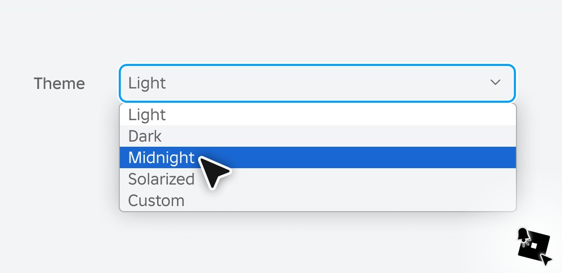 NewsDailyRBLX's tweet photo. In addition to this upcoming update, we've also received  information about two NEW themes soon to be available in the dropdown menu: Midnight and Solarized. https://t.co/BLegn73iKN