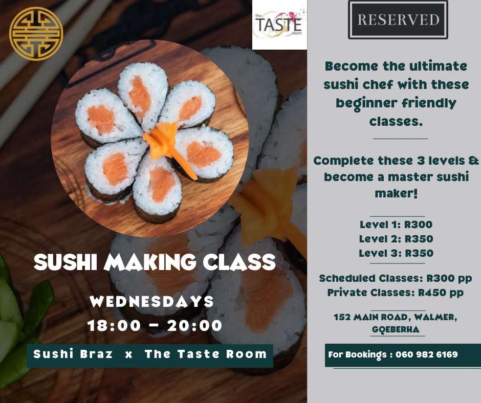 sushi_braz's tweet photo. Become the ultimate sushi chef! 🍣
Beginner friendly classes now available!
🚨Every Wednesday
📍The Taste Room
⌚ 18:00 - 20:00
Dates are as follows :
- 14 August 2024
- 28 August 2024
- 4 September 2024
- 11 September 2024
- 25 September 2024
.
.
#sushibraz #thetasteroom https://t.co/myPT8hTItk