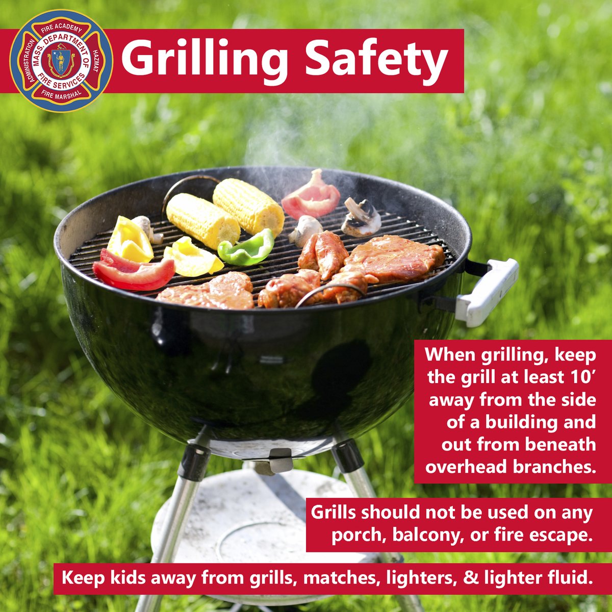 MassDFS's tweet image. Cooking outside tonight? Keep grills at least 10' from the building and out from beneath overhead branches. Don't grill on porches, balconies, or fire escapes, and keep the young ones away from grills, matches, lighters, and lighter fluid: ow.ly/zHLi50OvTrj