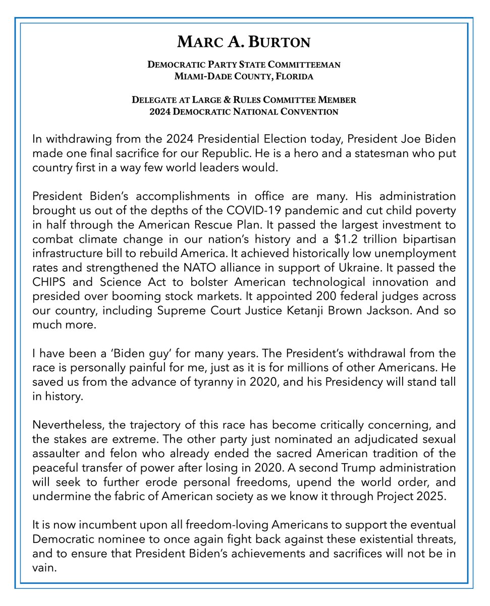 Thank you President <a href="/JoeBiden/">Joe Biden</a>  for your service to America. Let us all now come together to defeat Donald Trump.
