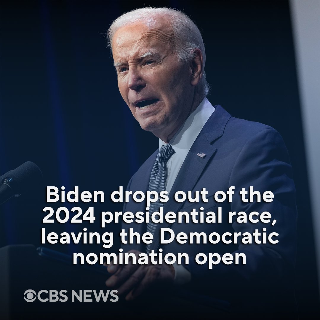 CBSNews's tweet photo. President Biden announced Sunday that he is dropping out of the 2024 presidential race.

“While it has been my intention to seek reelection, I believe it is in the best interest of my party and the country for me to stand down and to focus solely on fulfilling my duties as president for my term,” Biden posted in a statement on social media.

Follow this developing story: https://t.co/xVwccIKCrx