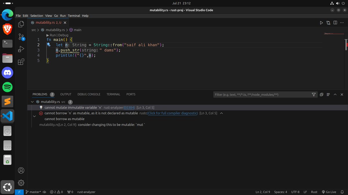 saiiffff8's tweet photo. By default, variables in Rust are immutable, making data thread-safe without needing synchronization, hence more optimized. Use "mut" to make them mutable. Learning about threads and CPU cores is crucial.
#rust #mutability #100xDevs https://t.co/zf5b1CYgTx