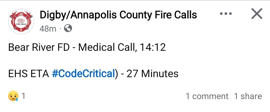 NSValley's tweet photo. #CodeCritical call in Bear River. 114 km to Yarmouth and 121 km to Kentville plus the 27 minutes for EHS to get on scene. If Digby Emergency were open it would only be 16 km away.
@TimHoustonNS We have a problem! https://t.co/rx22pwwsVL