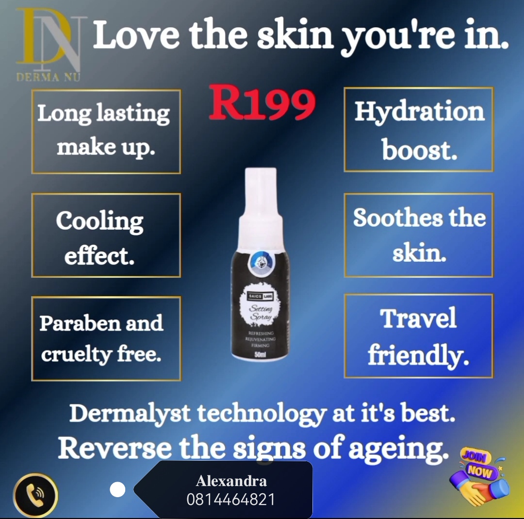 Love the skin your in
SETTING SPRAY just for you Ladies
📷Long lasting make up
📷Cooling effect
📷Hydration boost
📷Shoothes the skin
📷Cooling effect
Dermalyst technology at it's best.
Reverse the signs of aging
N$199
0814464821