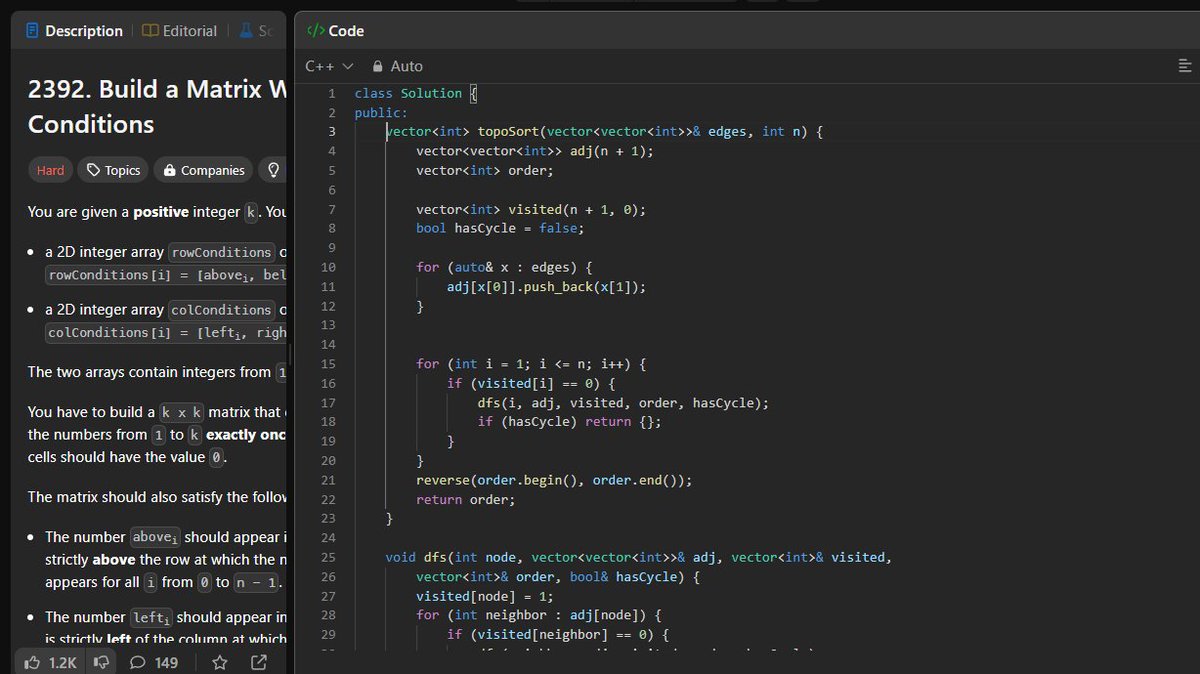 anshu6021's tweet image. #180dayschallenge
#DSA 
#StriverA2ZDsa
Day 3
Questions:-
1:- 2392. Build a Matrix with conditions(LCDP)