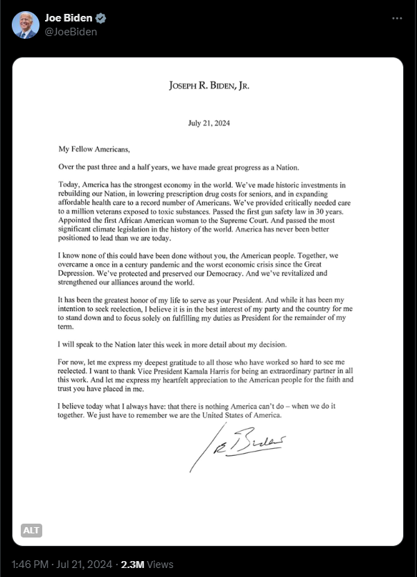 13NewsNow's tweet photo. BREAKING NEWS: President Joe Biden has ended his bid for reelection after mounting pressures from the Democratic Party. FULL STORY: https://t.co/VUM1yZjkNt https://t.co/FPmHdSMMEA