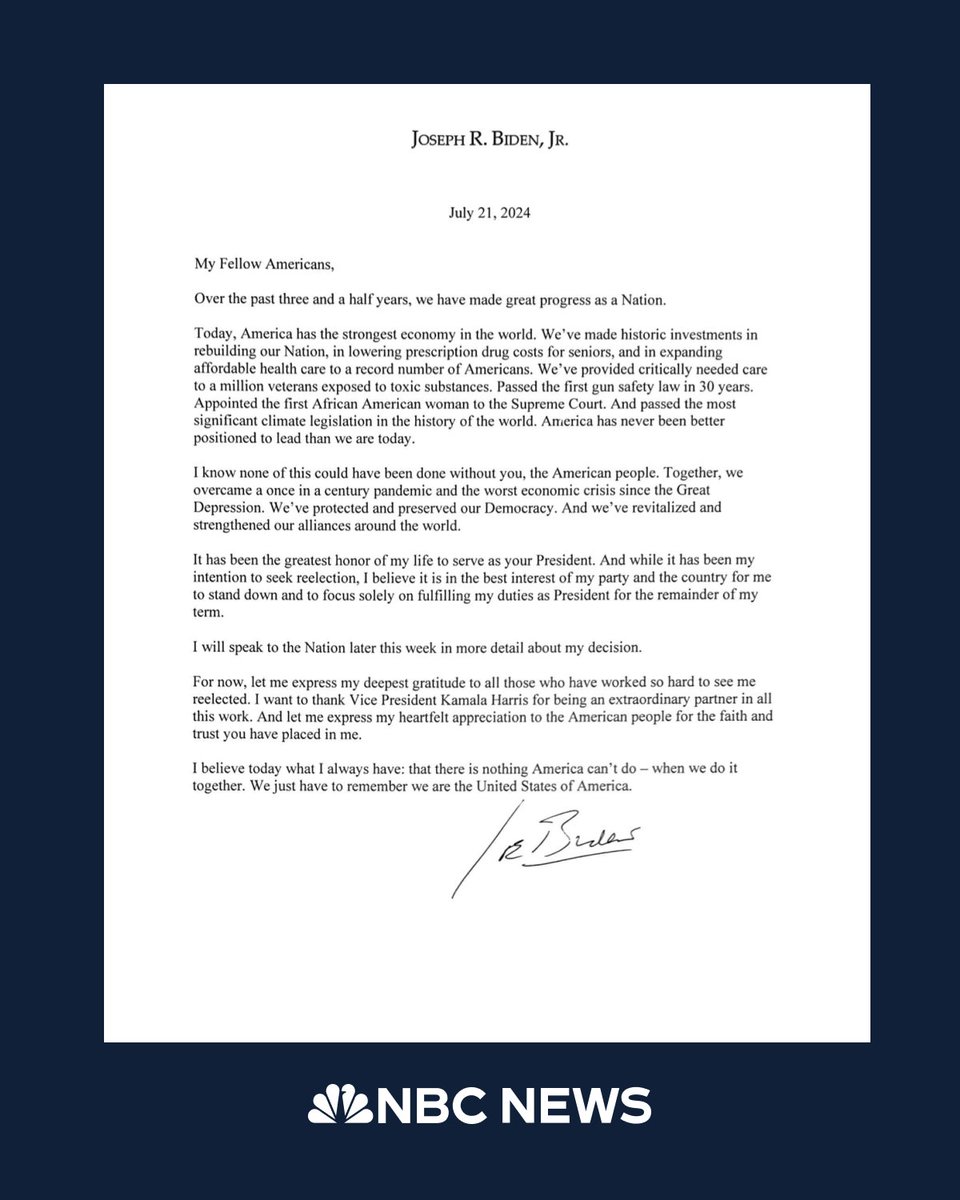 President Biden says he is stepping aside from the presidential race.

“While it has been my intention to seek reelection, I believe it is in the best interest of my party and the country for me to stand down and to focus solely on fulfilling my duties as president.”