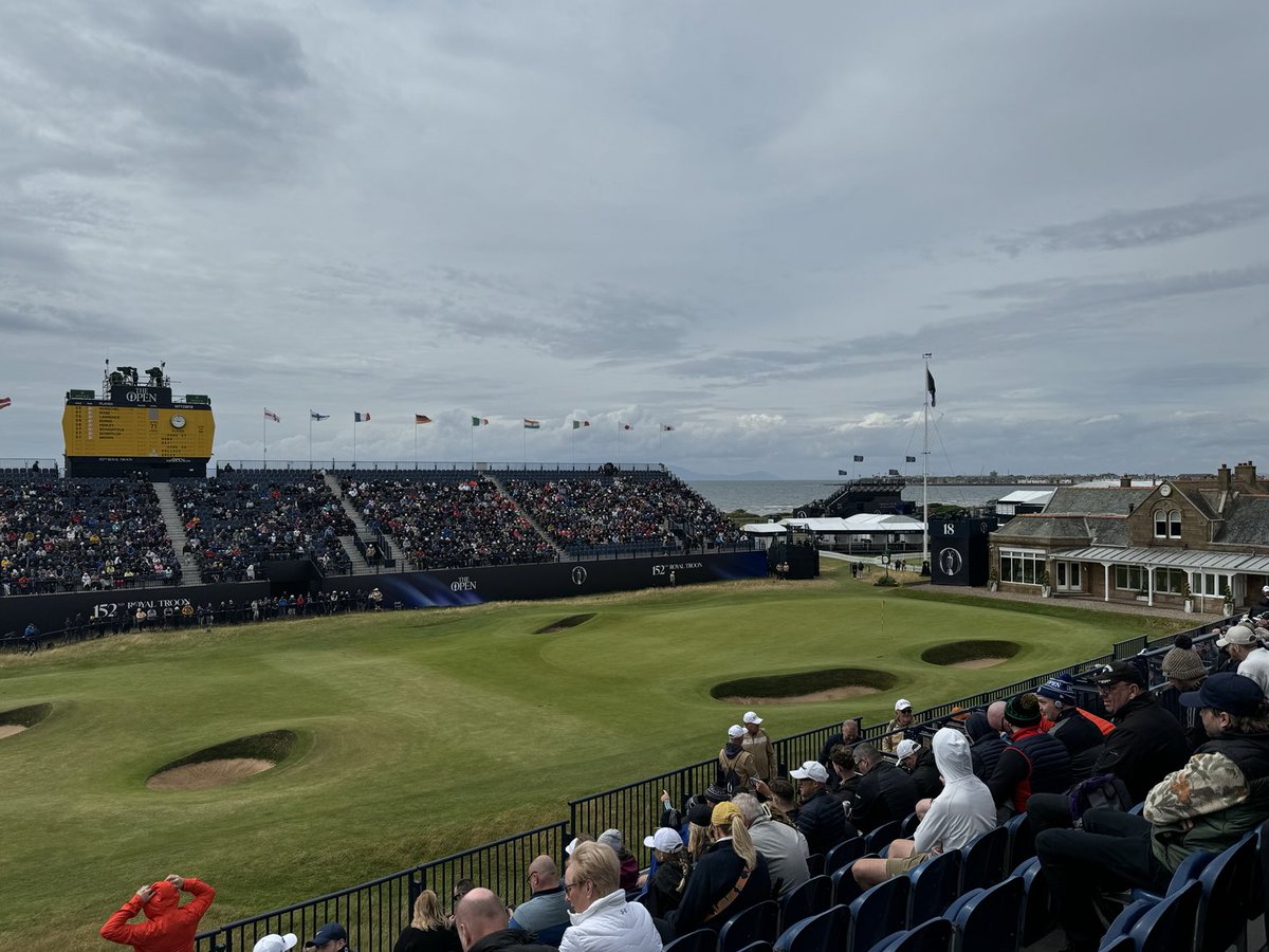 jobsworth's tweet photo. Spent time wandering around the course, following different groups. Now settled down at the 18th, in the grandstand, watching everyone come in. A glorious hole; a glorious setting; a glorious tournament. #152ndOpen #RoyalTroon https://t.co/fiY2LsIWTh