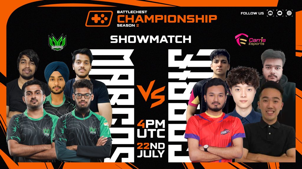 Tomorrow 
930 pm IST 
<a href="/BattleChestCOC/">BATTLECHEST COC</a> 
<a href="/EsportsMarcos/">Marcos Esports</a> vs <a href="/EsportsCarrie/">Carrie eSports</a> .