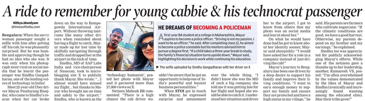 'Technology humanist' posed with her cab driver, and took him by surprise. Mayur, 22-year-old <a href="/Uber/">Uber</a> driver was mindblown and humbled by <a href="/gangadharansind/">Sindhu Gangadharan</a>'s gesture. Read his story on epaper.indiatimes.com/article-share?… 
<a href="/TOIBengaluru/">TOI Bengaluru</a> <a href="/TOICitiesNews/">TOI Cities</a> <a href="/SAP/">SAP</a> <a href="/saplabsindia/">SAP LABS INDIA</a>