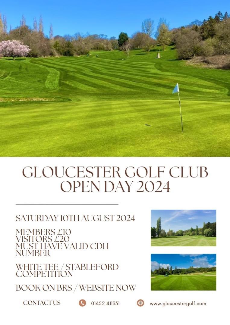 Gloucester Golf Club (@gloucestergolfc) on Twitter photo Gloucester Golf Club's Open Day is on Saturday 10th August 2024.
This is a White Tee / Stableford Competition
To enter our open please book on our website gloucestergolf.com 
Tee times are available from 7am - 11am
Please note: you must have a valid CDH number to enter Gloucester Golf Club's Open Day is on Saturday 10th August 2024.
This is a White Tee / Stableford Competition
To enter our open please book on our website gloucestergolf.com 
Tee times are available from 7am - 11am
Please note: you must have a valid CDH number to enter