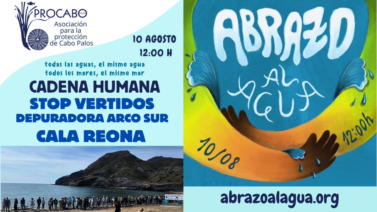 Asociación Procabo (@procabopalos) on Twitter photo <a href="/procabopalos/">Asociación Procabo</a> nos unimos al #AbrazoAlAgua el próximo 10 de agosto a las 12h, con una cadena humana en #CalaReona para exigir el fin de los vertidos de la Estación Depuradora Arco Sur a través del #emisario #stopvertidos #oceanoslimpios
¡No faltéis! <a href="/procabopalos/">Asociación Procabo</a> nos unimos al #AbrazoAlAgua el próximo 10 de agosto a las 12h, con una cadena humana en #CalaReona para exigir el fin de los vertidos de la Estación Depuradora Arco Sur a través del #emisario #stopvertidos #oceanoslimpios
¡No faltéis!