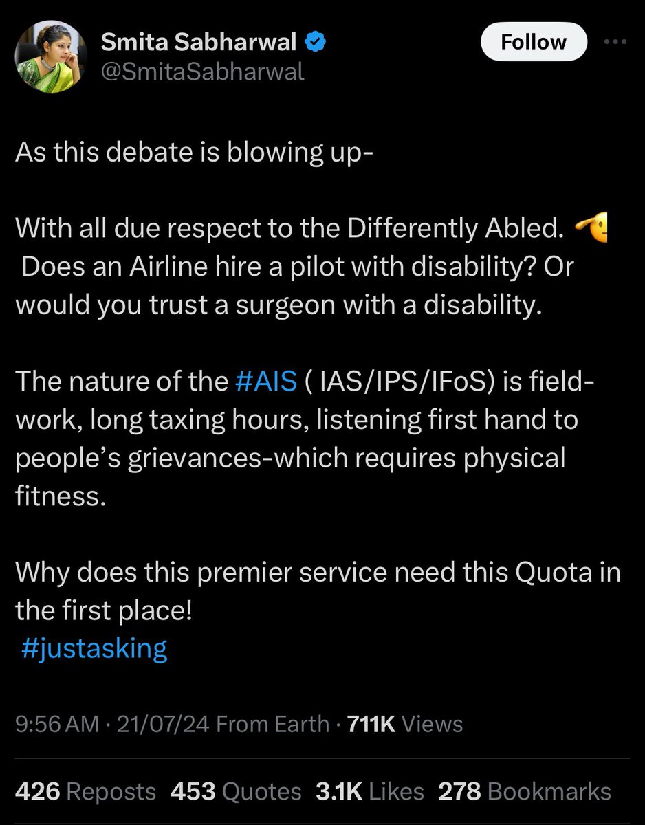 Meet <a href="/SmitaSabharwal/">Smita Sabharwal</a> an IAS officer who thinks People with Disabilities don’t deserve to be in Civil Services because of their Disability. 

Being a Divyang myself I find her views extremely offensive towards the Disabled People. 

I have filed an complaint against her with