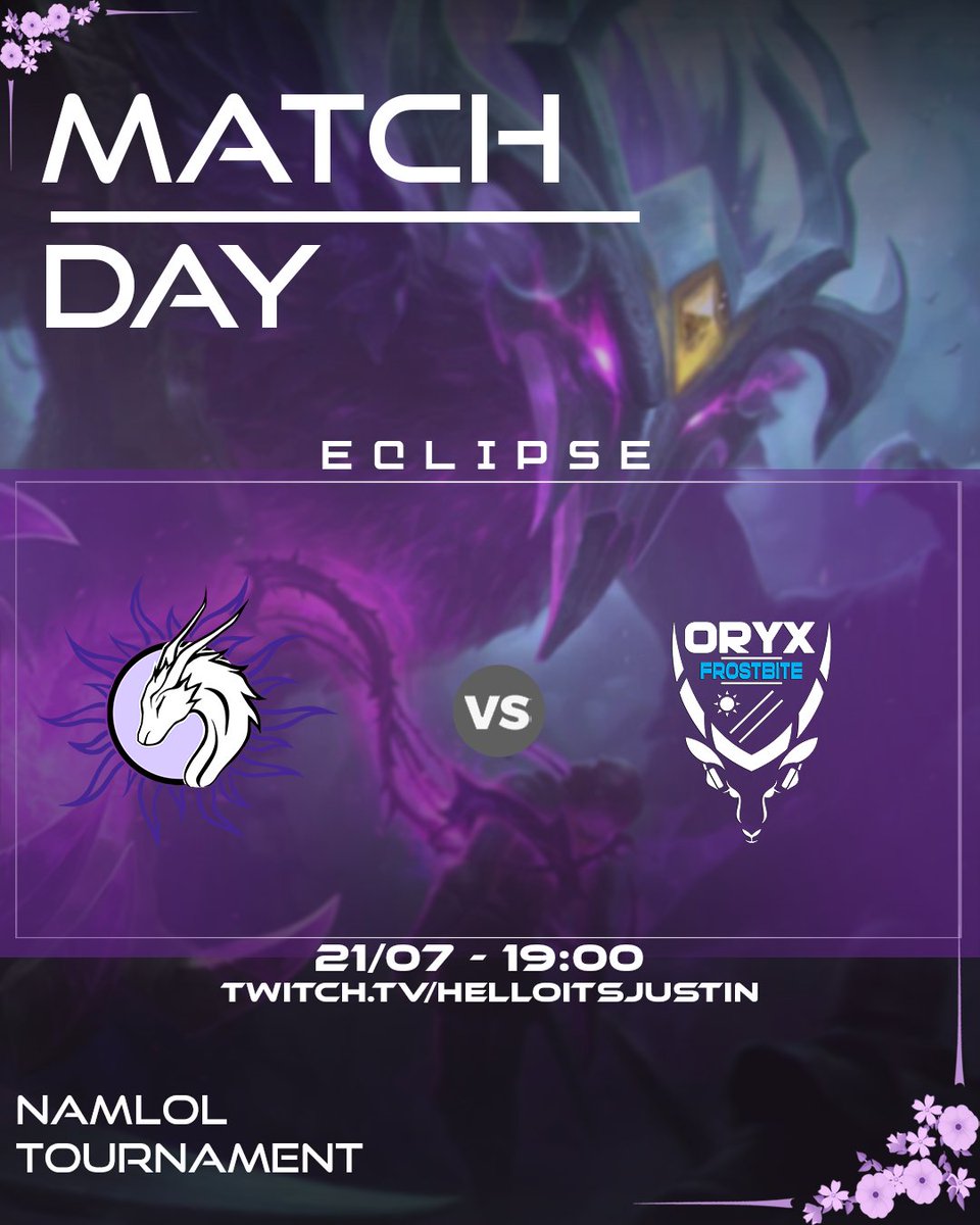 Eclipse (@eclipselolsafe) on Twitter photo Last game of group stage
This is our deciding game to move on in the <a href="/OryxEsports_Nam/">Oryx Esports Namibia</a> / NamLol tourney!
ECLIPSE 🆚Oryx Frostbite
⚔️Bo3
🗓️21/07
⏰19:00
🐉twitch.tv/helloitsjustin…
Goodluck and Have fun!!! 🐉 Last game of group stage
This is our deciding game to move on in the <a href="/OryxEsports_Nam/">Oryx Esports Namibia</a> / NamLol tourney!
ECLIPSE 🆚Oryx Frostbite
⚔️Bo3
🗓️21/07
⏰19:00
🐉twitch.tv/helloitsjustin…
Goodluck and Have fun!!! 🐉