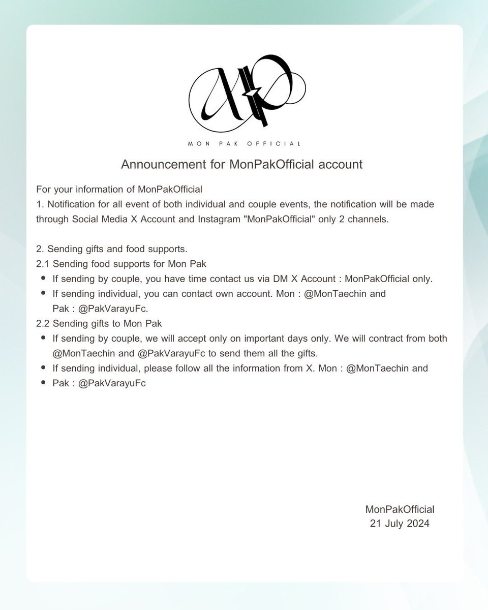 MonPakOffcial 
ขออนุญาตประกาศเปิดบ้านคู่ #monpak    
อย่างเป็นทางการค่าา🎉🎉🎉 
<a href="/mon_taechin/">taechin</a>  <a href="/pakvarayu/">Pakvarayu</a> 

สามารถอ่านหลักการทำงานของ MonPakOffcial ด้านล่างได้เลยค่ะ❤️💚

#montaechin
#PakVarayu